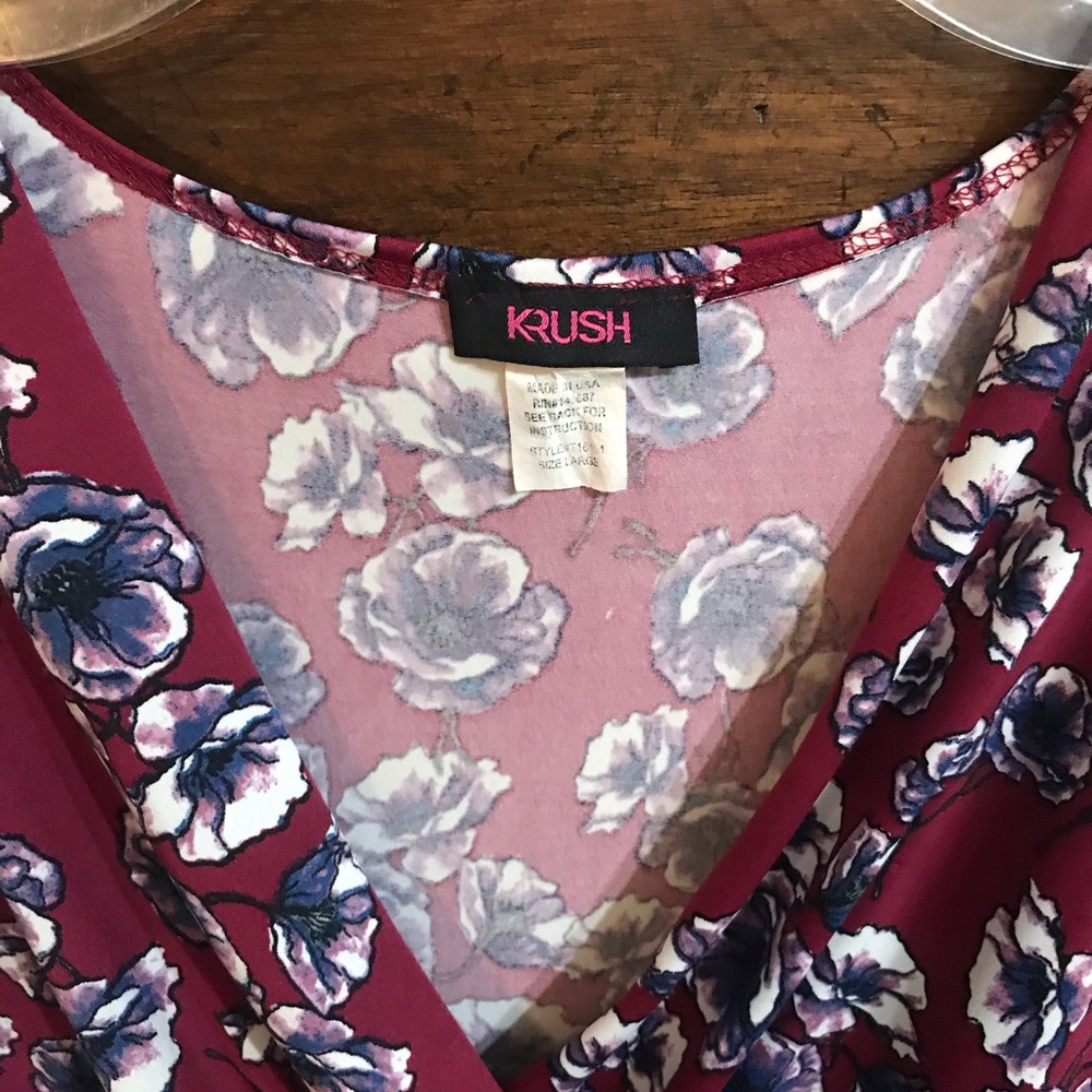 Krush Purple Floral & Maroon Top Split Sleeves LG - Picture 2 of 4